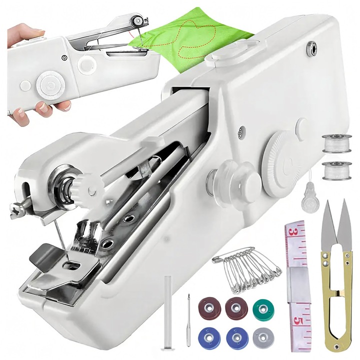 Mini Masina de Cusut Portabila si Compacta cu Accesorii, de Mana, pe Baterii, pentru Incepatori, din ABS, 21 x 7 x 3 cm, Alb