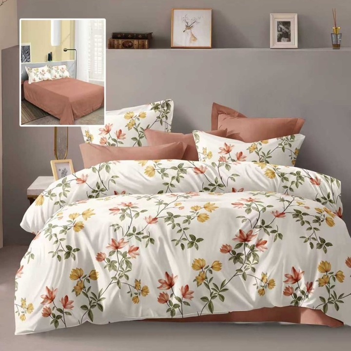 Kétszemélyes ágynemű, sárga-narancssárga virágos, 4 részes, 230 x 250 cm, Különleges Ágyneműk