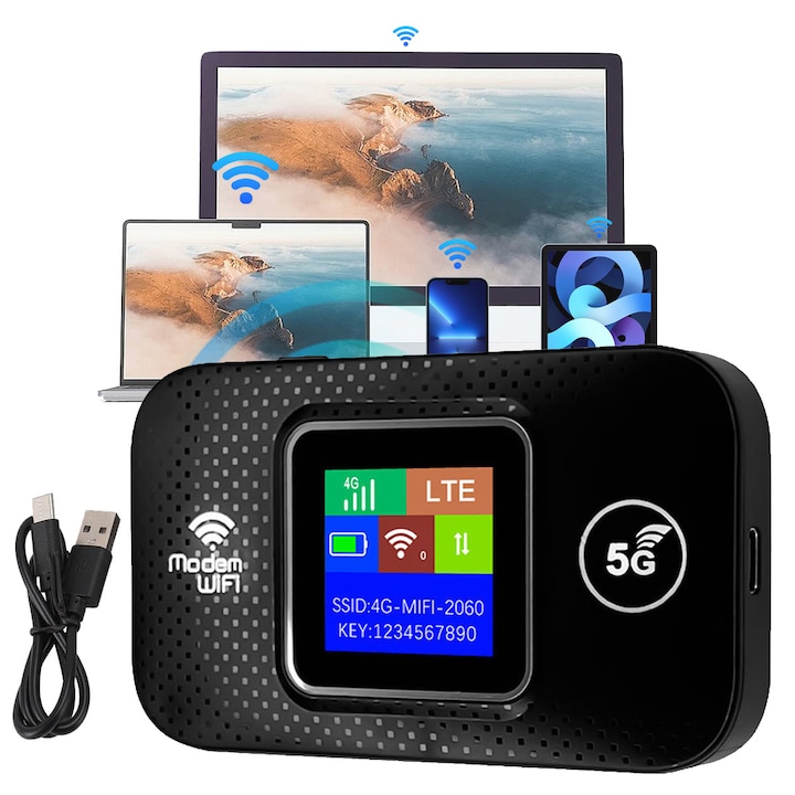 Wi-Fi 4G рутер, Bedee, преносим, 300Mbps, 3000mAh, с батерия и слотове за карти, свързва до 10 устройства, LCD екран, преносим 4G LTE рутер за дома и пътуване, поддържа 5G SIM карти, черен