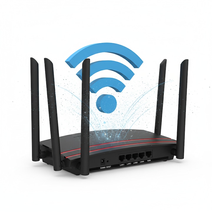 Router Wireless GLIMATECH AX3000, Dual Band 2.4-5.8 GHz, 6 Antene Externe, Viteza 1200 Mbps, One Mesh, 12V DC, Negru