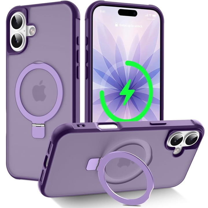 Защитен калъф, съвместим с iPhone 17 с поставка, тест за падане от най-високо ниво, форма на пръстен, съвместим с магнит, полупрозрачен, ултратънък твърд гръб, меки ръбове, виолетов