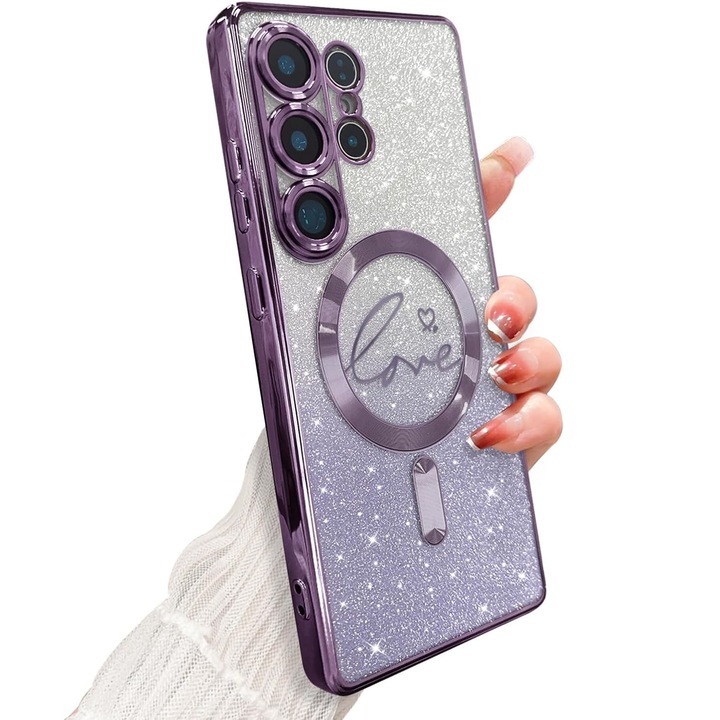 Калъф, съвместим със Samsung Galaxy S25 Ultra, със защита за камерата, удароустойчив, блестящ виолетов