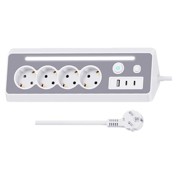 Разклонител 3680W, Ultrixe, 4 контакта/ 1 USB-A/ 2 USB-C, с LED светлина/ превключвател, Защита за деца, Множествена защита, Кабел 1.5м, Подходящ за офис и дома, Бял