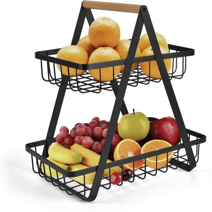 Cos de fructe 2 niveluri, Tadar, metal negru, 30x18x32cm