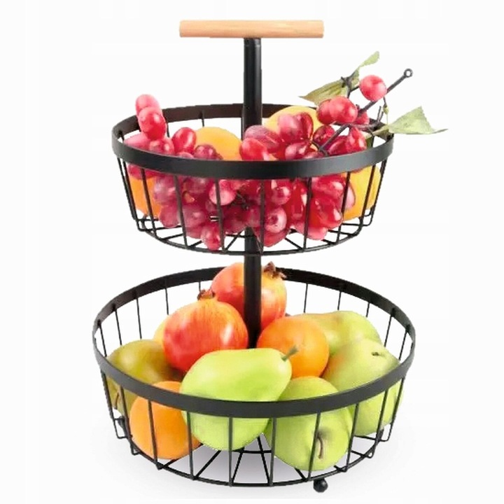 Cos de fructe 2 niveluri Tadar, metalic, negru, 38x29cm, cu manere din lemn