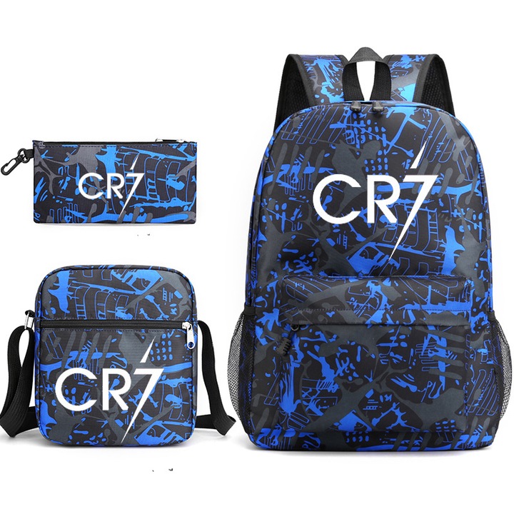 Set de trei piese Cristiano Ronaldo CR7 negru si albastru, la moda: Rucsac + Penar + Geanta crossbody. Un rucsac versatil pentru studenti, purtat de starul fotbalului, perfect pentru scoala sau iesiri sportive.Yingtai®