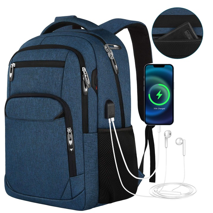 Rucsac multifunctional pentru, DEYKAY, rezistent la, ezistent la uzura, Blocare parola, interfata USB, unisex, Albastru