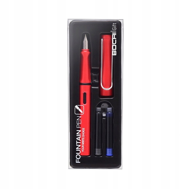Piros tollkészlet, 1 toll + 2 tintapatron, EF 0.38mm-es hegy, fém, elegáns