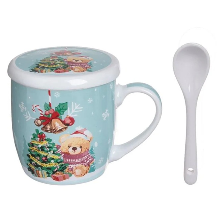 Set Cana Craciun AB Homes, cu Capac & Lingurita, Model Ursulet, 340 ml – 3 Piese, Design Festiv si Adorabil