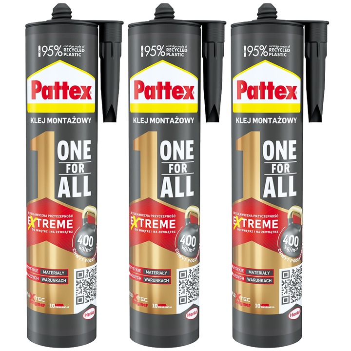 Pattex One For All szerelőrögzítő ragasztó 3x440g gyors tapadás, univerzális polimer, Flextec technológia, beltéri kültéri, vízálló, fehér