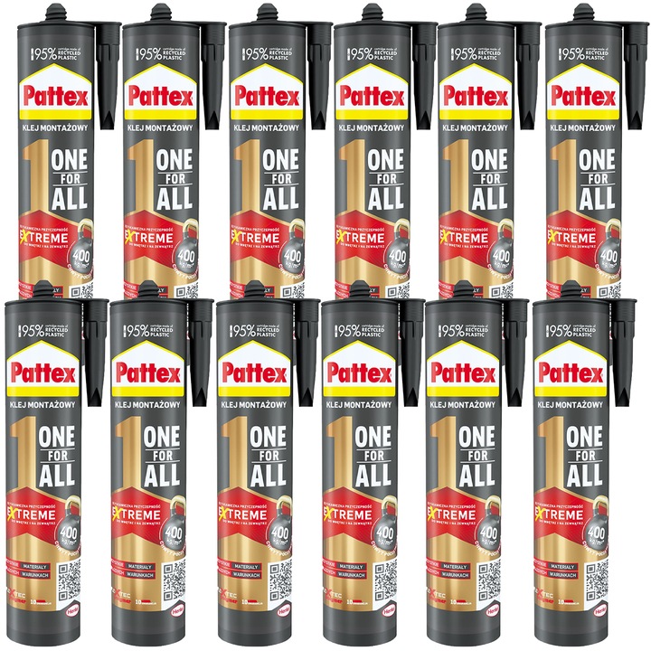 Pattex One For All Szerelési ragasztó 12x440g Błyskawiczna przyczepność, fehér, beltéri kültéri, vízálló, rugalmas, univerzális polimer, fa fém üveg műanyag kő gipszhez