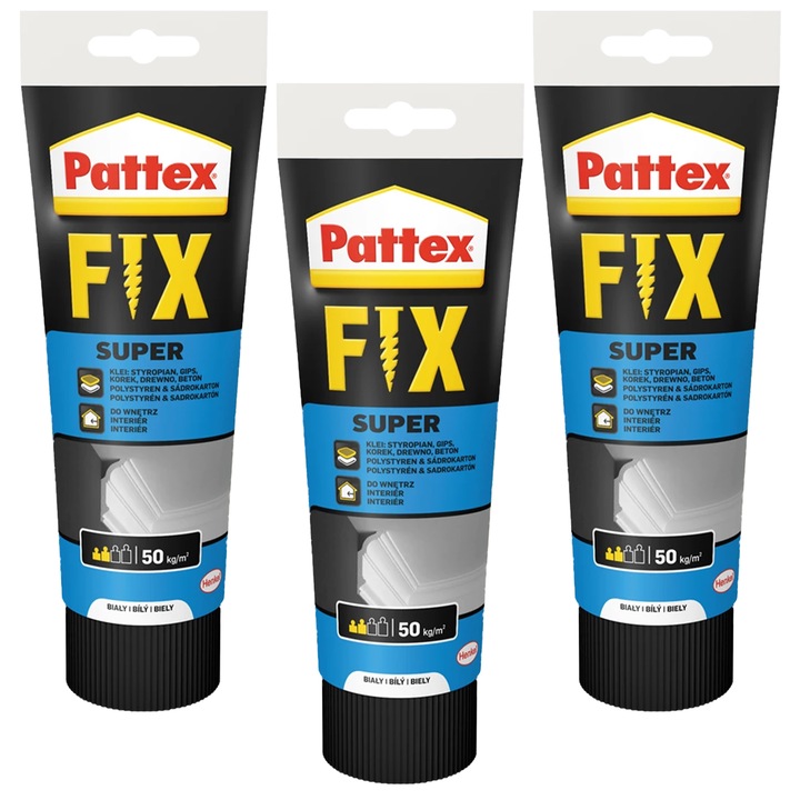 Pattex Fix Super szerelési ragasztó 3x250g oldószermentes, vízálló, rugalmas, fa, kő, gipsz, tégla, csempe, beltéri használatra