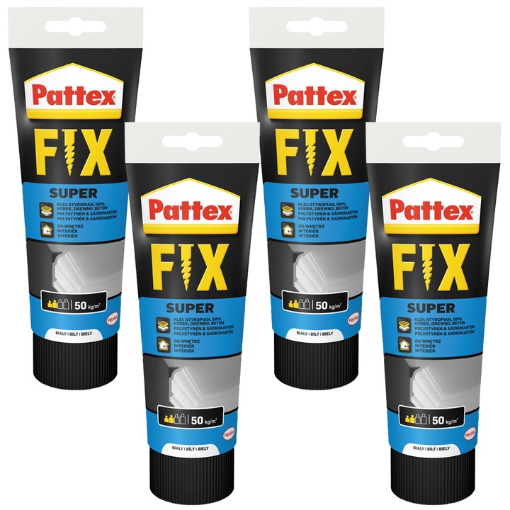 Pattex Fix Super szerelési ragasztó 4x250g oldószermentes, beltéri, vízálló, rugalmas, fa, gipsz, tégla, csempe, cement, polisztirol, festhető