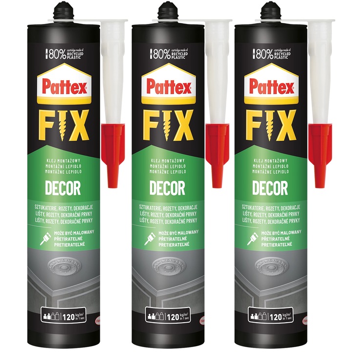 Pattex Fix Decor szerelőrögzítő ragasztó 380g 3 darab, beltéri használatra, fa, gipsz, hungarocell, kerámia, parafa, vízálló, rugalmas, oldószermentes