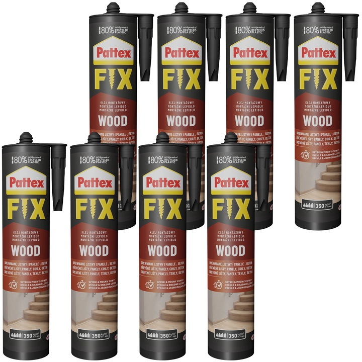 Pattex Fix Fa ragasztó 385g 8 darabos készlet beltéri, vízálló, rugalmas, oldószermentes, diszperziós, fehér, fa, gipsz, csempe, parafa, gipszkarton, polisztirol