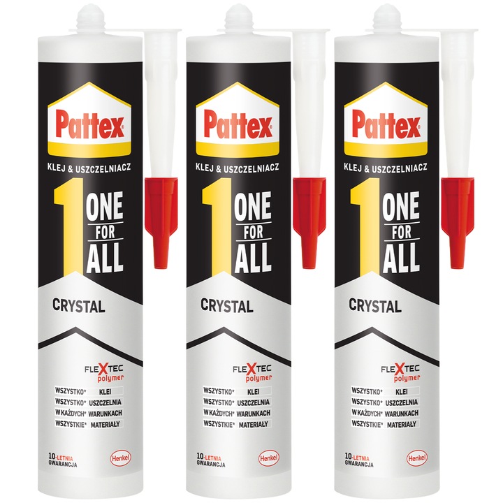 Pattex ragasztó és tömítő One For All Crystal 3x290g átlátszó, univerzális polimer ragasztó, flexibilis, vízálló, UV álló, beltéri kültéri felhasználásra