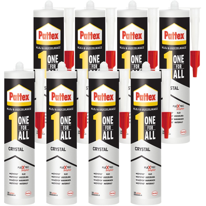 Pattex One For All Crystal univerzális polimer ragasztó és tömítő készlet 8x290g átlátszó, rugalmas, vízálló, UV álló, beltéri kültéri felhasználásra