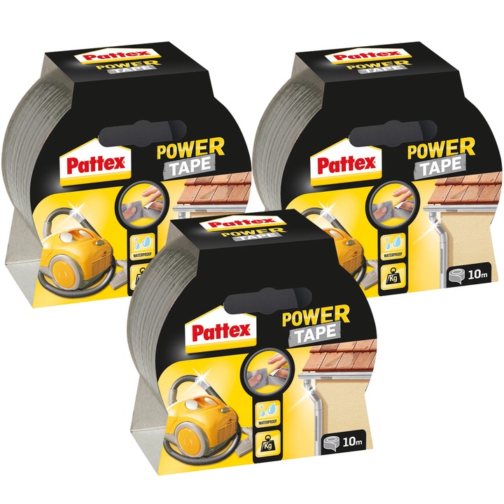 Pattex Power Tape szalag 3x 48mm x 10m szürke, erős vízálló ragasztószalag, kézzel téphető, kültéri és beltéri használatra, -10°C és +70°C között használható