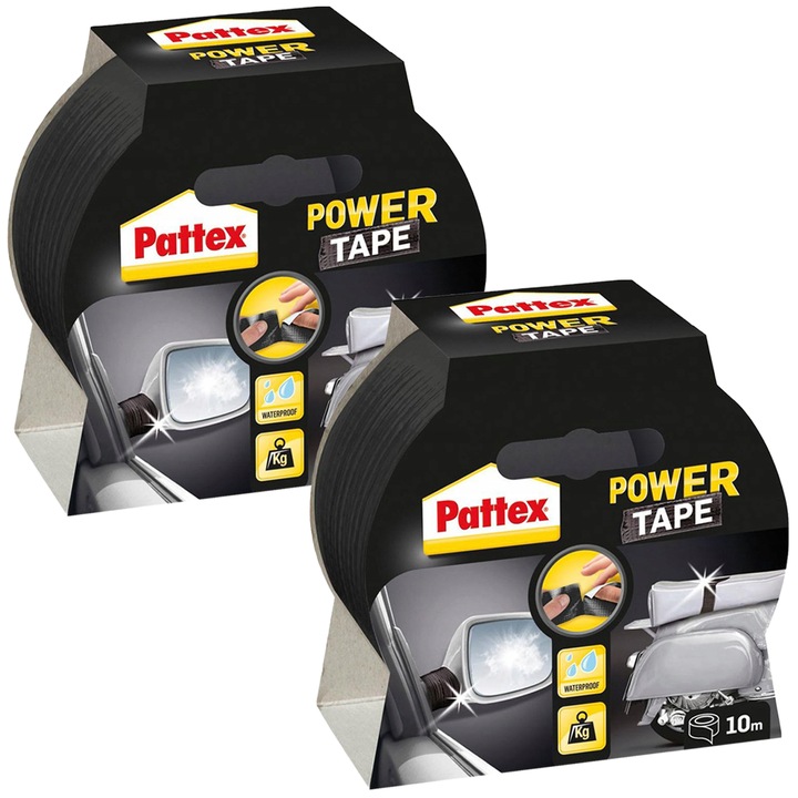 Pattex Power Tape ragasztószalag készlet 2 darab 48 mm x 10 m fekete, vízálló, extra erős, kültéri és beltéri, szakadásmentes, kézzel téphető