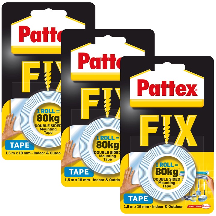 Pattex Fix 80 kg kétoldalas ragasztószalag készlet 3x 1, 5 m x 19 mm, szupererős, vízálló, UV álló, -40°C +90°C, fémre fára műanyagra üvegre