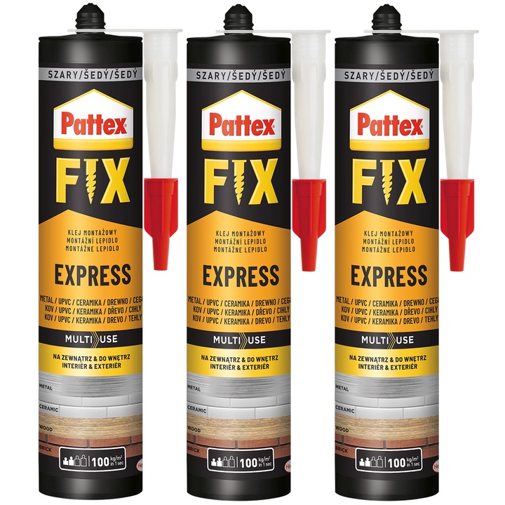 Pattex szerelőragasztó Fix Express 3x375g oldószeres gyors tapadás beltéri kültéri vízálló rugalmas festhető tégla fa fém üveg PVC