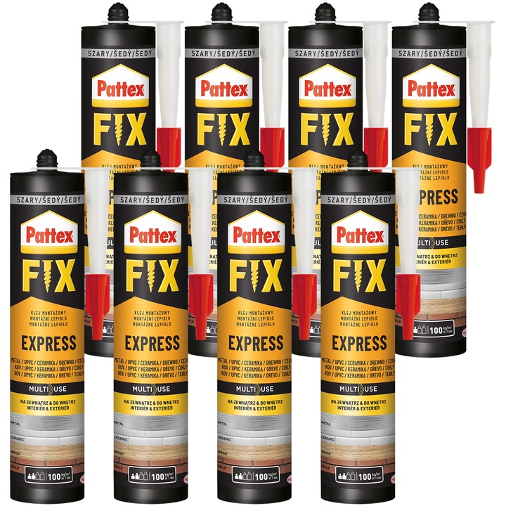Pattex Fix Express szerelési ragasztó 8x375g, oldószeres, gyors tapadás, rugalmas, vízálló, beltéri és kültéri, festhető, -10°C-tól használható, fa, műanyag, tégla, üveg