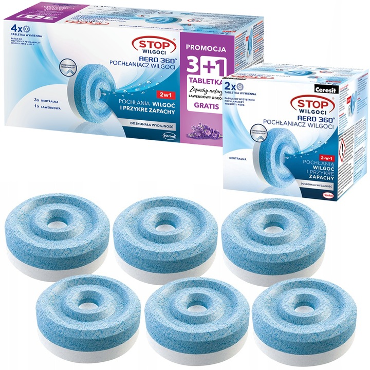 Ceresit Páramentesítő tabletta Aero 360 utántöltő 6 darabos készlet 5 semleges 1 levendula szín fehér szagtalan hosszú hatású penész ellen
