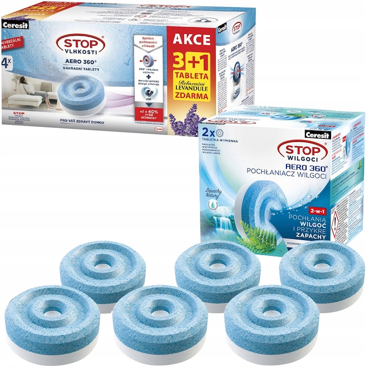 Комплект абсорбатори на влага Ceresit Aero 360, 6 таблетки, 3 без аромат, 1 лавандула, 2 планинска свежест