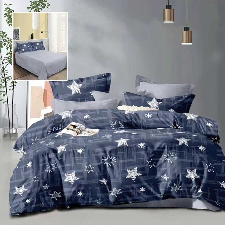 Kétszemélyes ágynemű garnitúra, sötétkék csillagos, 4 részes, 230 x 250 cm, Különleges Ágyneműk