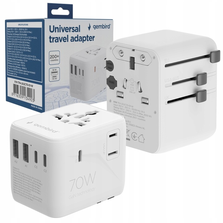 Adaptor calatorie Gembird TPA-2A3C70-01-W, 70W, 3 porturi USB, alb, set cu adaptoare US/UK/EU/AU