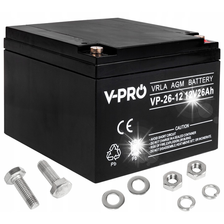 Akumulator 12V 26Ah VPRO AGM, dimensiuni 166x175x125mm, fara intretinere