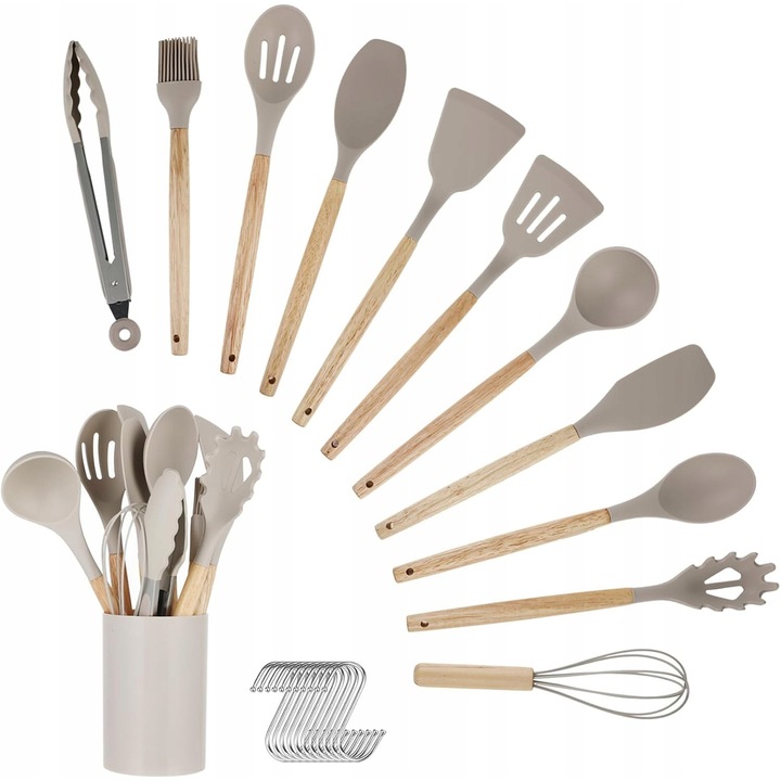 Set Ustensile Bucătărie 12 Buc, Silicon Khaki, Mânere Lemn, Design Modern