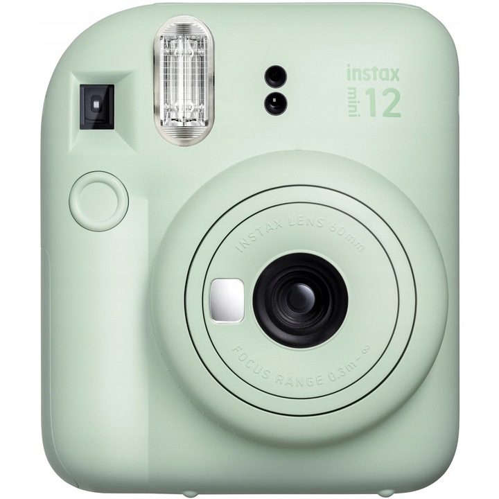 Aparat foto instant Fujifilm, Instax Mini 12, verde, set cu album, husa si snur cu cleme