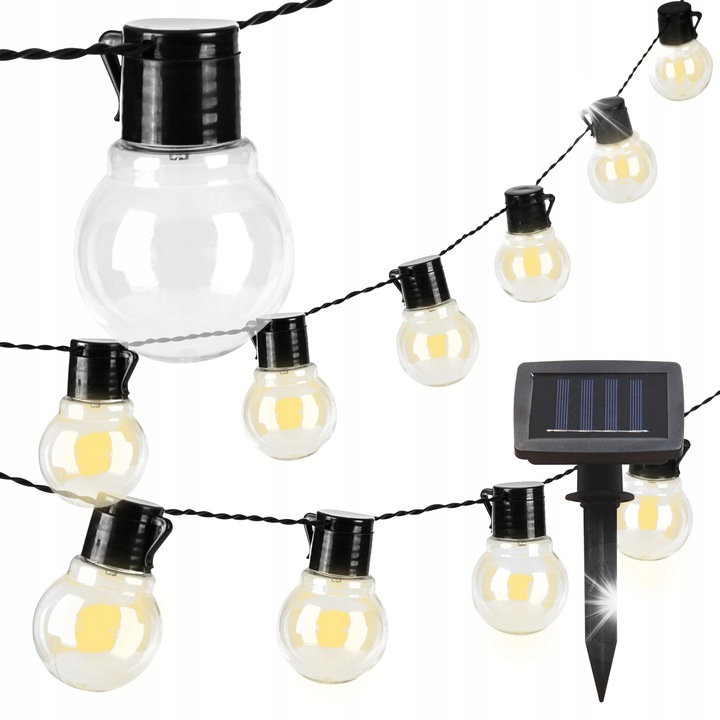 LED соларна гирлянда, MasterLED, 20 прозрачни крушки, 485 см, черен кабел