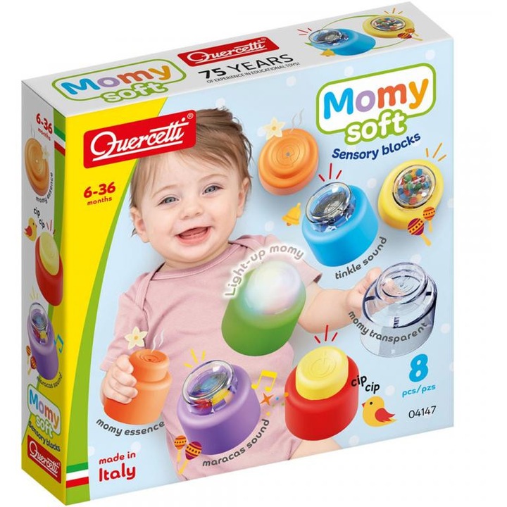Quercetti: Momy Soft 8 db-os szenzoros puha építőkocka szett fénnyel és hanggal