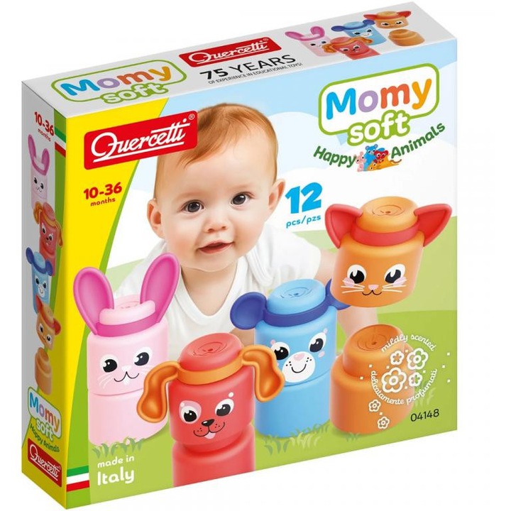 Quercetti: Momy Soft boldog állatok 12 db-os puha építőkocka szett