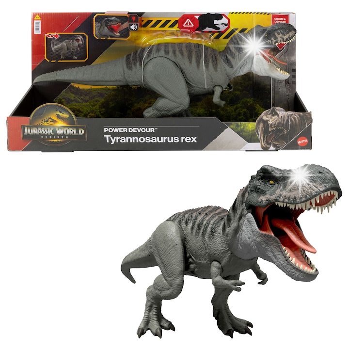 Figurina T-Rex Jurassic World Rebirth, 53cm, interactiva, cu atac din bot, multicolor