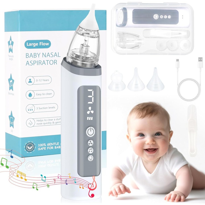 Elektromos orrszívó, babáknak, csendes, biztonságos babáknak, 3 szilikonhegy, 1 csipesz, zenei funkciók és nyugtató fény, 3 állítható szívási szint, tárolódoboz