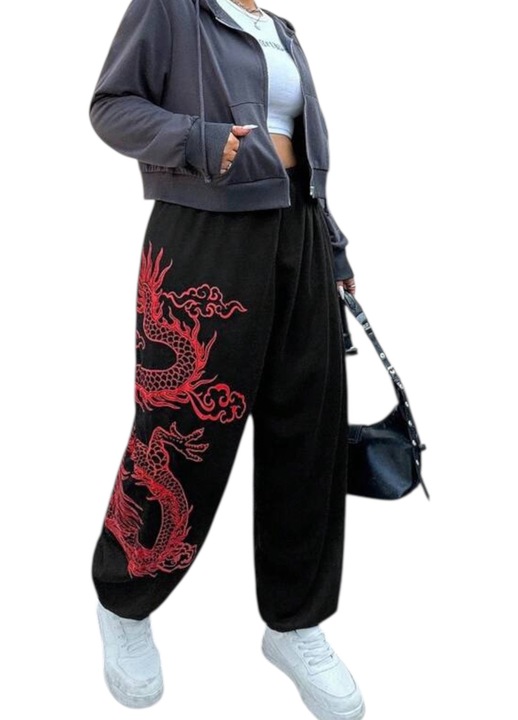 Női nadrág, fekete, bő, piros sárkány mintával, 3XL