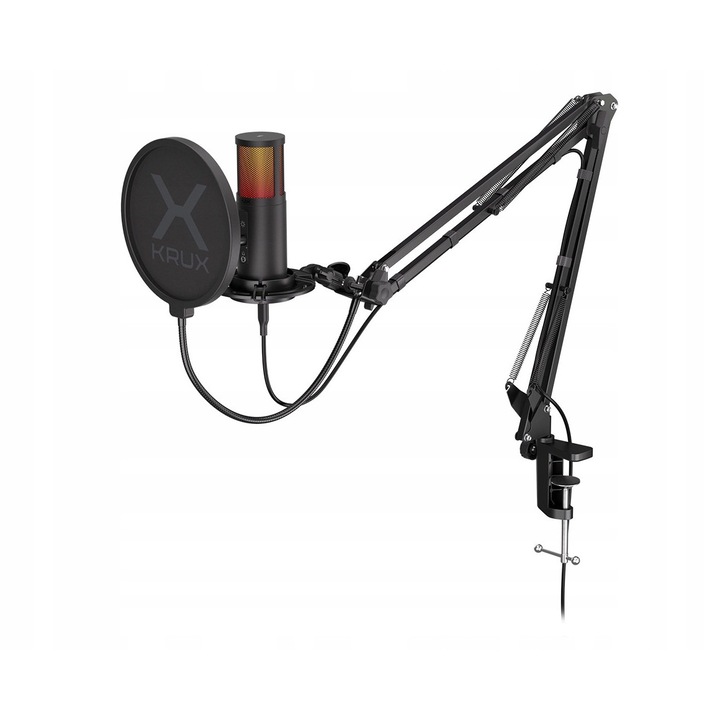 Микрофон Krux Edis 3000, черен, с регулируема стойка, RGB осветление, за студио/игри