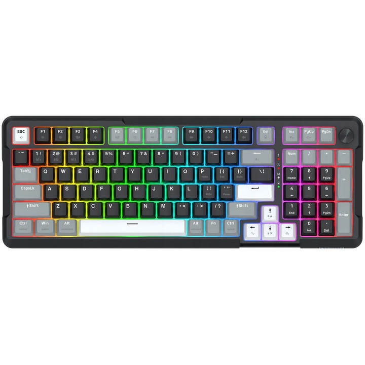 Tastatura mecanica Arlokks K742, 96%, negru-gri, iluminare RGB, wireless si cablu