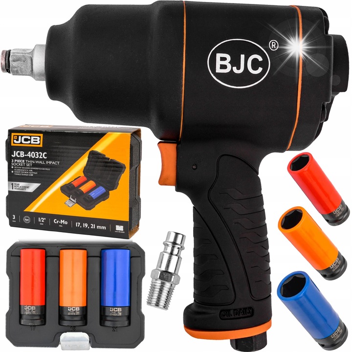 Cheie pneumatica cu impact pentru roti, BJC, 1/2", set cu adaptoare JCB pentru jante 17x19x21mm