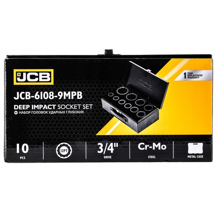 10 darabos ütvecsavarozó készlet Udarive 3/4" JCB, 17-46mm, Cr-Mo acél, Koffer