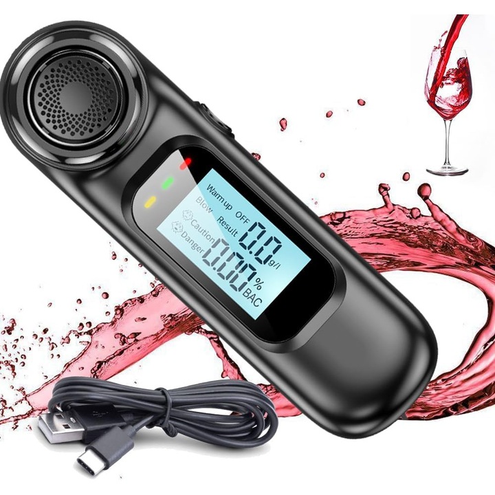Цифров тестер за алкохол, Wacorresi, Професионален дрегер, Безконтактен, LED дисплей, Автоматично калибриране, Точност +/-0,01% BAC, USB-C зареждане, Прахоустойчив, Компактен, Черен