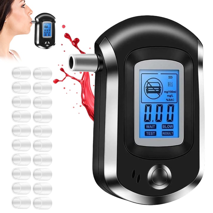 Цифров тестер за алкохол, Wacorresi, Професионален дрегер, Бърз анализ, LED дисплей, Автоматично калибриране, Точност +/-0,01% BAC, Включени 20 мундщука, Компактен, Черен