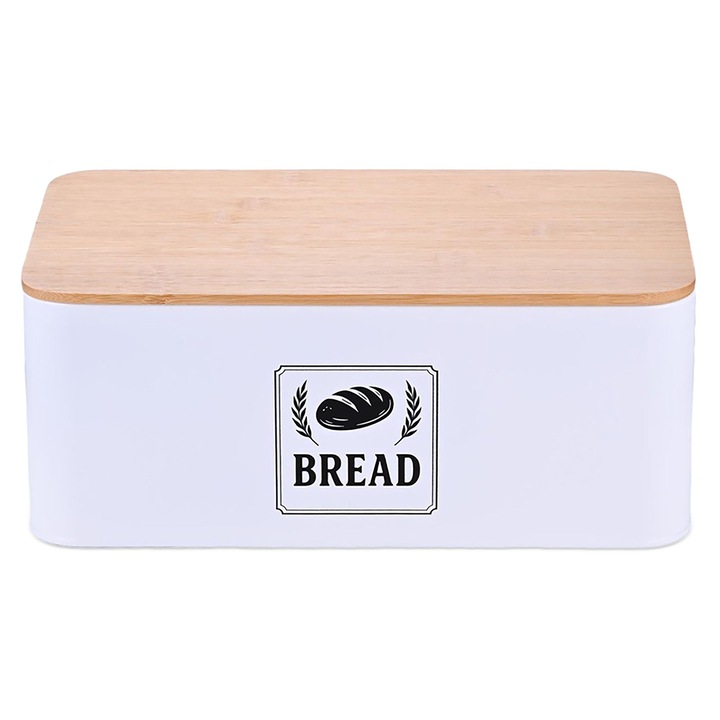 Cutie pentru pâine Relaxdays, dreptunghiulară, albă, fier, capac din bambus, 13, 5x33x19cm