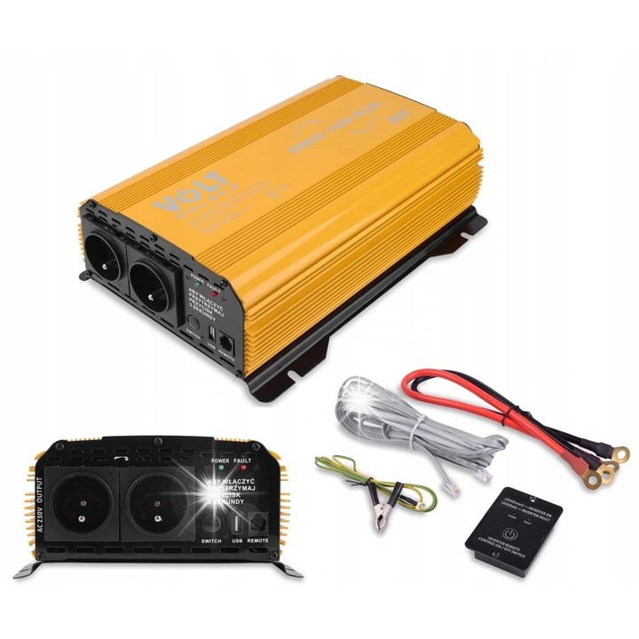 Inverter autó Volt 1500W 24/230V, 2 aljzat, 1 USB port, sárga, 201x94x342mm