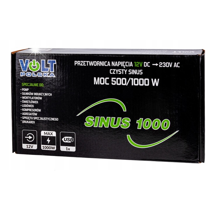 Volt 1000W autós inverter, 12V/230V, szinuszos, 500W folyamatos, hűtőventilátorral