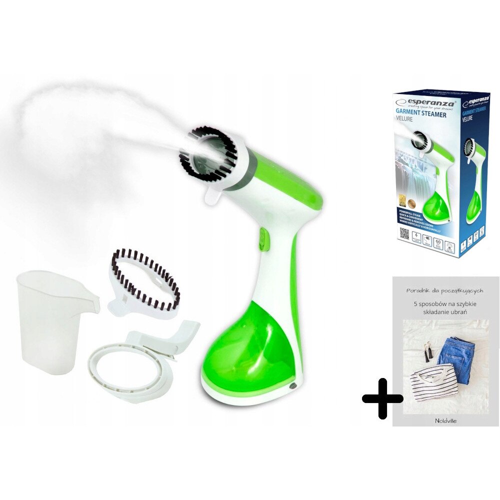 Aparat de aburi pentru haine Esperanza Velure 1400 W, debit abur 20 g/min, rezervor 220 ml, incalzire in 30 s, utilizare verticala si orizontala, include clema pentru plisuri, alb/verde