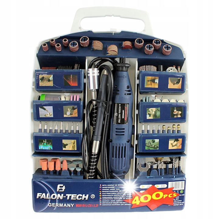 Mini csiszoló FALON-TECH MG01, 400 tartozékos készlet, 270W, 8000-32500 ford./perc, súly 0,55 kg